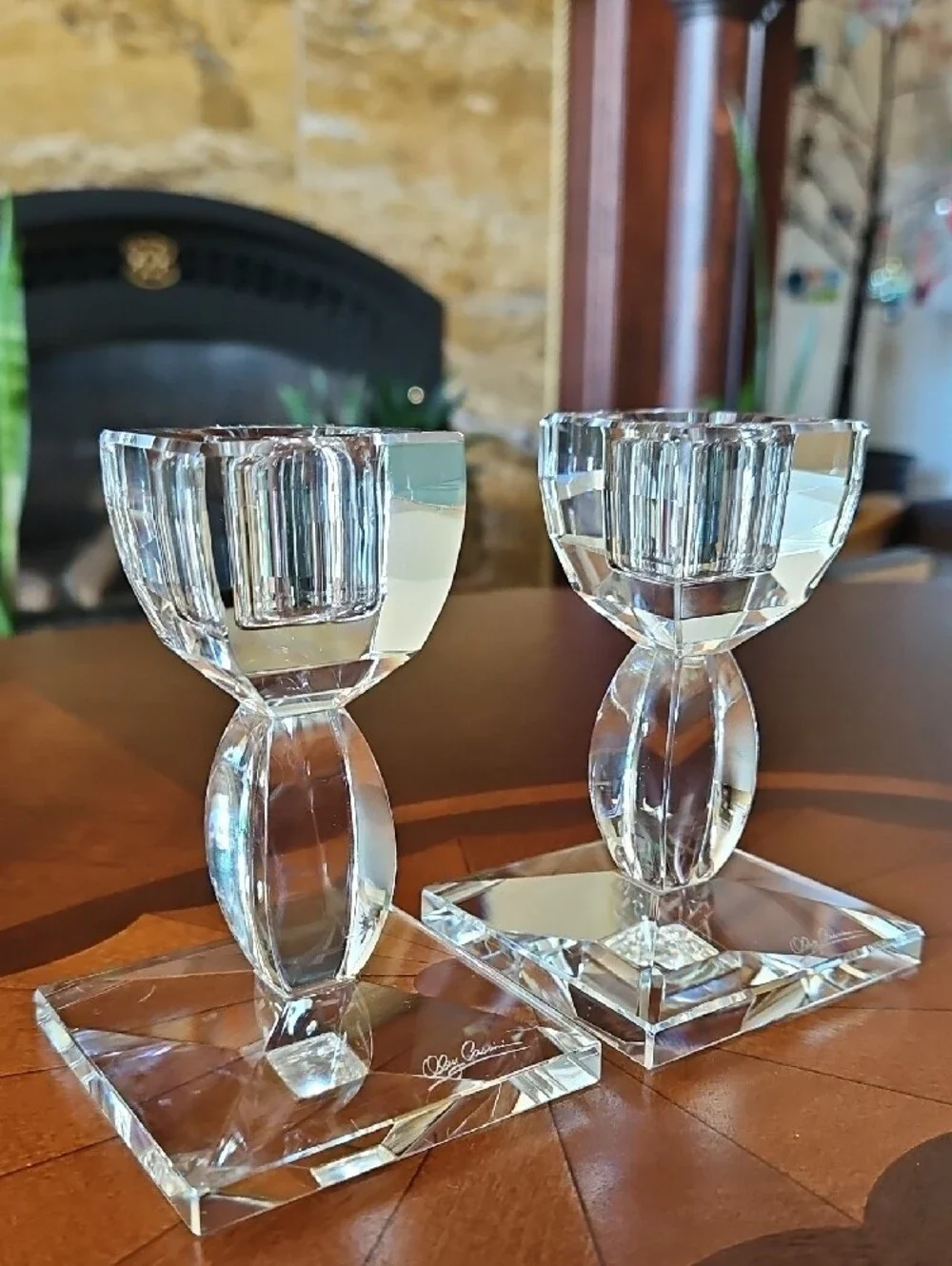 Oleg Cassini Signed Crystal Candlestick Holders Taper Candle Modern Set of 2